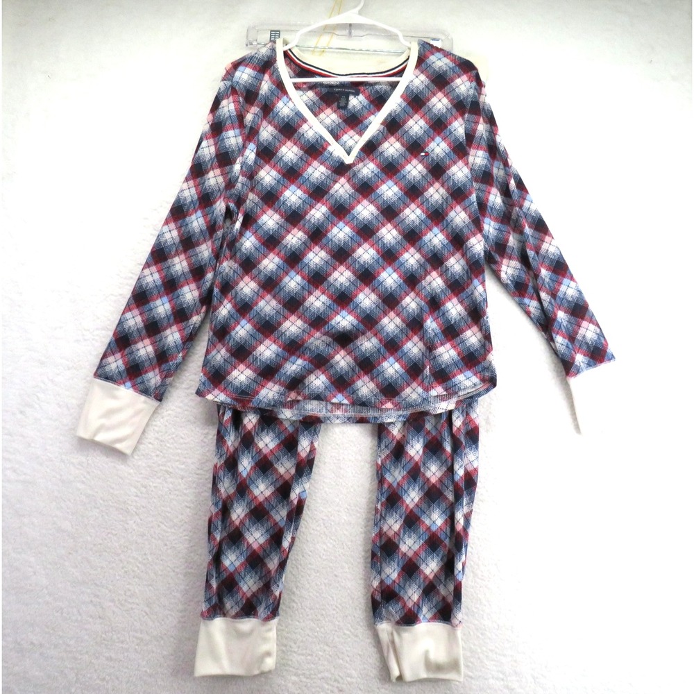 Tommy Hilfiger Pajama Set Womens Large Red Blue Plaid Thermal Sleepwear